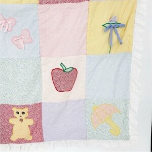 Vintage Handmade Baby Quilt Blanket with Eyelet Trim Approx 43" x 52"